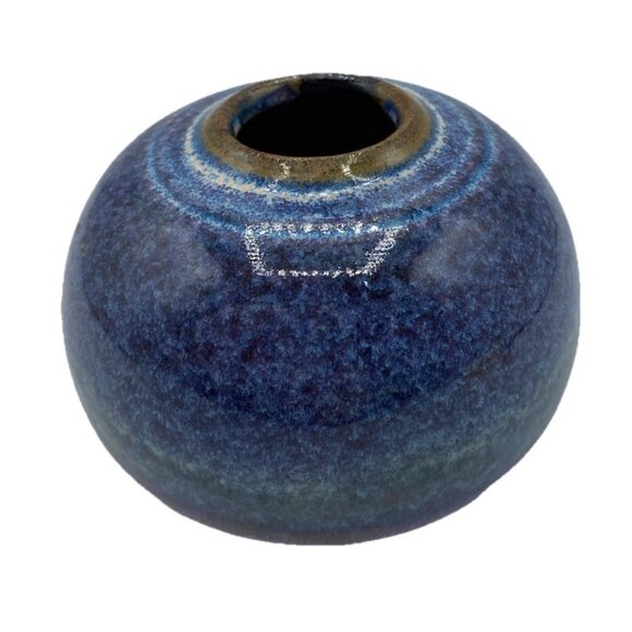 Studio Pottery Round Blue Vase Signed 2.75 in Tall Handmade Artisan Collectible - Picture 4 of 13